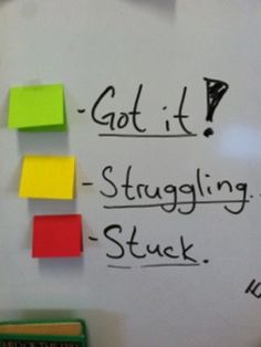 the words got it, struggling, stuck on a whiteboard with sticky notes attached to it