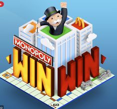 a man standing on top of a building with the words monopoly win in front of him