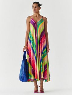 Rainbow Strappy Dress Multicolor Sleeveless Maxi Dress With Adjustable Straps, Multicolor Silk Dress With Spaghetti Straps, Silk Maxi Dress With Spaghetti Straps For Beach, Multicolor Summer Slip Dress With Spaghetti Straps, Multicolor Spaghetti Strap Slip Dress For Summer, Multicolor Sleeveless Slip Dress For Summer, Silk Beach Dress With Spaghetti Straps, Multicolor Summer Slip Dress, Multicolor Spaghetti Strap Slip Dress For Spring