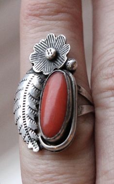 Handmade Native American Sterling Silver and Coral Ring Size 6 1/2 #BlackHills #StatementEarrings #HoopEarrings #NativeAmerican #CuffBracelet #TurquoiseRing #ChristmasGift #BagueTurquoise #BestFriendGift #BohemianJewelry Vintage Collectible Round Rings, Vintage Adjustable Sterling Silver Rings, Vintage Silver Ring With Large Stone, Vintage Round Rings With Large Stone, Vintage Jewelry With Large Stone In Open Ring, Vintage Oval Jewelry With Large Stone, Vintage One-of-a-kind Rings For Anniversary, Vintage Collectible Hallmarked Rings, Vintage Sterling Silver Oval Rings