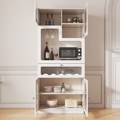 a white shelf with dishes and bottles on it