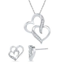 Take her breath away with this double diamond heart gift set that includes a stunning necklace pendant and matching earrings. Intertwined diamond hearts are symbolic of your love and togetherness. These double heart earrings and necklace are fashioned in sterling silver while each features one larger open heart and a smaller heart glittering with diamonds. These items can be purchased separately:Double Heart Necklace (SKU SHPH017151-SS)Double Heart Earrings (SKU SHEF073362ATW-SS) DETAILS OF THE Sterling Silver Jewelry Sets For Mother's Day Anniversary, Sterling Silver Heart Jewelry Sets For Anniversary, Anniversary Jewelry With Heart Pendant And Matching Earrings, Sterling Silver Jewelry Sets For Valentine's Day, Silver Heart-shaped Jewelry Sets For Anniversary, Silver Heart Jewelry Sets For Anniversary, Double Heart Cubic Zirconia Jewelry With Matching Earrings, Diamond White Double Heart Jewelry For Mother's Day, Valentine's Day Sterling Silver Heart Earrings With Diamond Accents