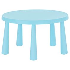 a blue plastic table with three legs on the bottom and one leg up to the top