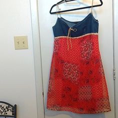 Denim Upper, Spaghetti Straps, Sheer Pattern Over Red Slip Dress Indie Hoco Dress, Costumes With Red Dress, Lana Del Rey Red Dress, Colorful Fall Fashion, New Years Clothes, Cutout Dress Pattern, Thrift Flip Dress, Dresses Over Jeans, Beaded Clothes