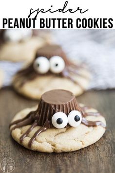 chocolate covered peanut butter cookies with googly eyes on top and text overlay that reads,