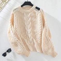 Women's Solid Color O-Neck Twist Knitted Sweater 2024 Beige Knit Crew Neck Sweater, Beige Crew Neck Knit Sweater, Beige Knitted Crew Neck Sweater, Beige Crew Neck Knitted Sweater, Casual Cream Long Sleeve Knitting Pattern, Beige Long-sleeve Knitting Pattern, Beige Long Sleeve Knitting Pattern, Long Sleeve Beige Knitting Pattern, Beige Knit V-neck Sweater