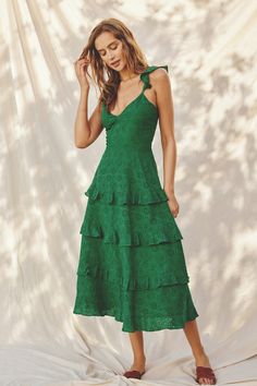 This midi dress is ready to go on vacations or picnics!💚 -Color: Evergreen -Tiered A line skirt with ruffle trims -Ruffled adjustable self-tie shoulder straps -Smocked back panel with hidden zipper closure -Lined -Content: 100% Cotton -Imported -Runs true to size -Model is 5'10" and wearing size Small. Marilyn Dress, Eyelet Fabric, Cotton Labels, Tiered Midi Dress, Home Dress, Tiered Dress, Modern Fashion, Ready To Go, A Line Skirt