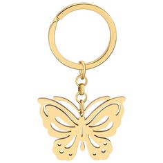 a gold keychain with a butterfly shaped design on the front and back side