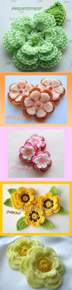 four different types of crochet flowers are shown