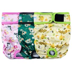 three different types of cloth diapers in various colors and patterns, one with an animal print