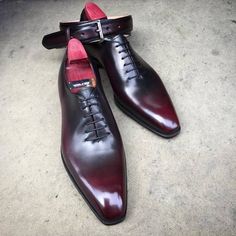 A Reverse Margaux patina Leather Dress Shoes With a matching Belt on Storenvy Stylish Mens Suits, Quality Leather Boots, Custom Design Shoes, Bespoke Shoes, Pinstripe Suit, Leather Dress Shoes, Workout Shoes, Leather Dress, Men's Accessories