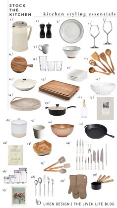 the kitchen essentials guide is shown in this graphic style, including utensils and other items