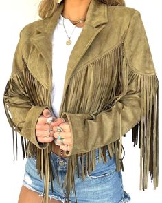 Olive Fringe Jacket Fits True to Size Model Wearing Size Small Khaki Long Sleeve Leather Jacket For Spring, Jacket Fits, Fringe Jacket, How To Wear