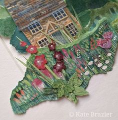 an altered photograph of a house and flowers on a piece of paper that has been cut out to look like a leaf