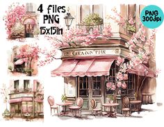 the four images show an old building with pink flowers and chairs in front of it