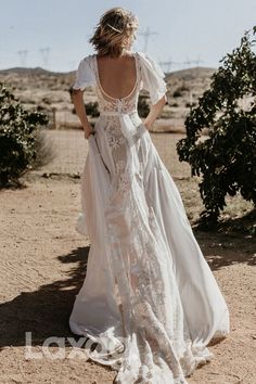 13510 - V Neckline Backless Lace Chiffon Bohemian Wedding Dress – Laxag Crepe Wedding Dress, Elopement Dress, Bohemian Wedding Dress, Lace Chiffon, Lace Dress With Sleeves, Wedding Dress Inspiration, Wedding Dress Styles, Bohemian Wedding, Chiffon Lace