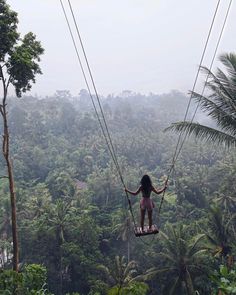 a woman on a swing in the middle of a jungle with palm trees behind her