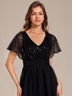 This Dress is fashionable for every occasion. the dress is made-to-order by professional tailors. You can choose from 50 colors, Regular sizes 2 to 16 and plus sizes 14w to 26W. Custom size is also available. Tulle Dress With Flutter Sleeves For Party, Elegant V-neck Tulle Dress, Black V-neck Bridesmaid Dress, V-neck Tulle Dresses For Evening, Short Sleeve Chiffon Evening Dress, Elegant Prom Dress With Flutter Sleeves, Elegant Flutter Sleeve V-neck Dress For Party, Elegant V-neck Dress With Flutter Sleeves For Party, V-neck Ruffle Evening Dress For Prom