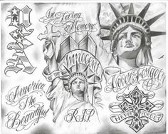 an ink drawing of the statue of liberty and other symbols