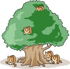 a group of monkeys sitting on top of a tree next to a green leafy tree