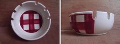 two pictures of a red and white bowl