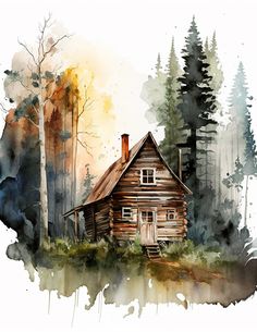 a watercolor painting of a cabin in the woods