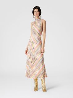 Long sleeveless dress in lamé pleated knit Multicoloured | Missoni Glamorous Sleeveless Dress For Spring Gala, Sleeveless Viscose Maxi Dress For Party, Sleeveless Evening Dress In Viscose, Sleeveless Viscose Maxi Dress For Evening, Sleeveless Viscose Party Dress, Sleeveless Viscose Cocktail Dress, Sleeveless Viscose Midi Party Dress, Long Sleeveless Dress, Pleated Knit