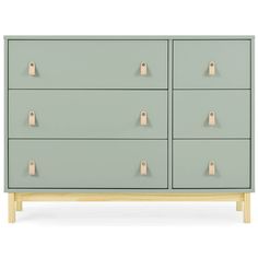 a light green dresser with brass handles and knobs on the front, against a white background