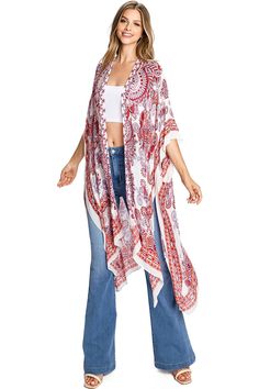 Boho kimono with geometric mandala inspired prints an ultra light scarf feel and a draping open-front. Light and billowy silhouette, perfect for effortless layering. CARE | Hand Wash Cold CONTENTS | 100% Viscose MEASUREMENTS | 38"/97 cm Top to Bottom (Size O/S) MODEL | 5'8 - wearing O/S IMPORTED Bohemian Floral Print Shawl For Summer, Bohemian Patterned Shawl, Red Bohemian Spring Cover-up, Red Bohemian Shawl With Floral Print, Red Bohemian Flowy Kimono, Spring Vacation Bohemian Shawl, Bohemian Wrap Kimono In Rayon, Bohemian Rayon Wrap Kimono, Red Flowy Cover-up