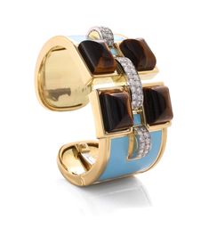 Four sugarloaf cabochon tiger's eye, brilliant-cut diamonds, light blue enamel, 18K gold, and platinum Tiger Eye Jewelry, David Webb, Bastille, Tiger's Eye, Brilliant Cut Diamond, Ring Bracelet, Tiger Eye, Luxury Jewelry, Ring Earrings