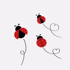 three ladybugs are flying in the air with hearts on their backs and tails