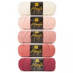 three skeins of yarn in different colors and sizes, each with a logo on the