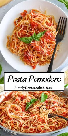 pasta with tomato sauce and basil on top in a white bowl, next to a fork