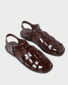 Caged fisherman sandal in dark brown Spazzolato leather. Features a padded leather footbed with gold stamped logo, a round toe, and a buckle closure. Logo A, Staple Pieces, Flat Sandals, Dark Brown, Buckle, Sandals, Leather, Gold