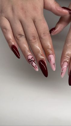 #cutenails #bow #bownails #rednails #red #coquette Maroon Bow Nails, Dark Red Bow Nails, Acrylics With Bows, Bow Fall Nails, Bow Red Nails, Bow Nail Art Tutorial, Red Christmas Nails With Bow, Winter Bow Nails, Cherry And Bow Nails