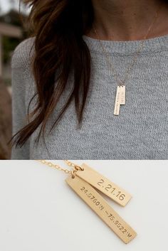 Personalized Coordinates Necklace By LEILA Jewelry Wedding Shoes Gold, Personalized Bar Necklace, Latitude And Longitude, Bar Necklace Personalized, Gold Bar Necklace, Solitaire Necklaces, Gold Necklaces, Gold Bar, Bijoux Diy