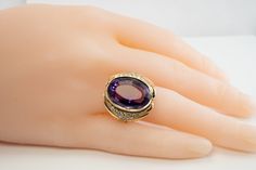 Amethyst Ring, February Birthstone, Purple Ring, Cocktail Ring, Natural Diamonds, Vintage 14K Gold, Purple Amethyst Natural Diamond Ring, Oval Ring. This stunning vintage ring is finely crafted in solid 14K Yellow Gold (carefully tested and guaranteed) and set with Earth mined natural Amethyst and genuine Diamonds. The center oval cut amethyst measures 18mm x 13mm (14.00 carats!) and this is a very clean and transparent stone with great intensity and strong brilliance. The genuine Amethyst is ac Antique Amethyst Ring With Accent Stones For Formal Occasions, Art Deco 14k Gold Amethyst Ring For Formal Occasions, Formal 14k Gold Amethyst Ring In Art Deco Style, Elegant 14k Stamped Amethyst Ring For Anniversary, Elegant 14k Stamped Amethyst Anniversary Ring, Elegant Gold Amethyst Ring, Formal Oval Amethyst Ring With Multiple Stones, Vintage Diamond Amethyst Ring For Formal Occasions, Formal 14k Gold Art Deco Amethyst Ring