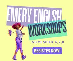 an image of a woman walking in front of a sign that says emery english workshop