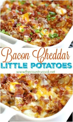 bacon cheddar potato casserole in a white dish with the title above it