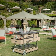 an outdoor bbq with chairs and umbrellas in the grass near some trees, bushes and buildings