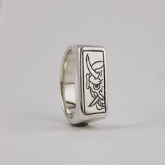 Unique Rectangular Engraved Rings, Sterling Silver Engraved Rectangular Promise Ring, Rectangular Sterling Silver Signet Ring For Wedding, Designer Mens Bracelets, Handmade Rectangular Sterling Silver Engraved Ring, Wax Carved Ring Men, Japanese Rings Men, Japanese Tattoo Flash, Gothic Signet Ring