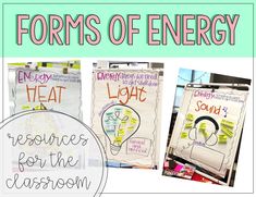 four posters with the words, forms of energy and light bulb on them in different colors