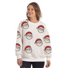 Get into the festive spirit with our Wholesale Sweatshirt with Sequined SANTA FACE Patches! Available in white or light pink, this sweatshirt is adorned with sparkling sequined Santa patches, making it the perfect addition to your holiday wardrobe. Crafted for comfort and style, it's the ideal choice for spreading cheer during the festive season. Whether you're attending a holiday party or enjoying cozy nights by the fire, this sweatshirt adds a touch of magic to any occasion. Get ready to sleig White Festive Holiday Sweater, White Holiday Festive Sweater, White Christmas Holiday Sweatshirt, White Casual Sweater For Festive Occasions, Casual White Sweater For Festive Occasions, Casual White Festive Sweater, White Long Sleeve Holiday Sweatshirt, White Christmas Sweatshirt Relaxed Fit, White Holiday Crew Neck Sweatshirt