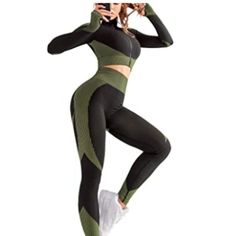 *Material: 72% Polyester, 18% Nylon, 10% Spandex. This Fabric Is Professional For Sportwear, Can Meet The Basic Needs Of Exercises. Besides, Many Aspects Of Its Performance Has Been Further Improved By Using A New Honeycomb Structure. *High-Waist Legging And Crop Top: Help To Show Off Your Body Curves Perfectly With Tummy Control And Butt Lift. Front Zipper And Thumb Hole, Make It Convenient And Comfortable To Wear. Green Stretch Nylon Activewear, Green Long Sleeve Stretch Unitard, Green Fitted Nylon Activewear, Green Stretch Long Sleeve Unitard, Fitted Green Nylon Activewear, Sporty Nylon Unitard For Sports, Fitted Green Activewear For Gym, Fitted Elastane Unitard For Sports, Black Moisture-wicking Sports Set