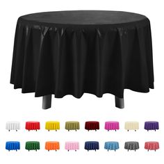 a round table covered in black cloths with different colors and sizes on each side