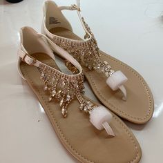 White, Gold And Silver Sparkle Sandals! Brand New! White Embellished Flat Sandals, White Flat Embellished Sandals, Embellished White Synthetic Sandals, White T-strap Sandals For Spring Party, White Embellished Open Toe Sandals, White Embellished Sandals For Summer, White Embellished Summer Sandals, Glamorous White Embellished Sandals, White Rhinestone Sandals For Vacation