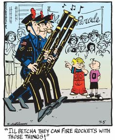 a cartoon depicting a man playing the trombone with children watching him and singing to him