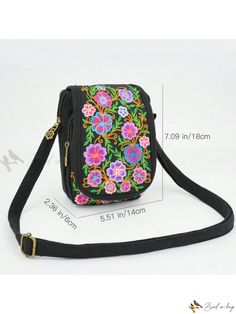 Bird in Bag - Elegant Embroidered Crossbody Handbag Casual Embroidered Crossbody Bag, Embroidered Black Shoulder Bag For Travel, Floral Embroidered Shoulder Bag For Travel, Casual Travel Shoulder Bag With Floral Embroidery, Casual Shoulder Bag With Floral Embroidery For Travel, Casual Floral Embroidery Shoulder Bag For Travel, Embroidered Shoulder Bag Pouch For Travel, Everyday Use Black Bag With Floral Embroidery, Floral Embroidered Rectangular Shoulder Bag For Travel