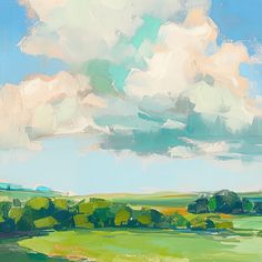 an abstract painting of green fields and clouds