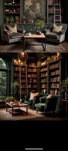 the interior of a living room with bookshelves and couches in green tones